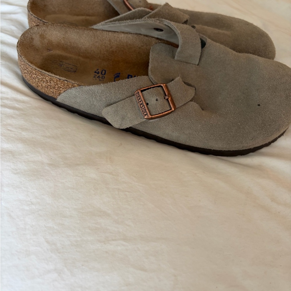 Birkenstock Taupe Suede Clogs with Copper Buckles - Picture 3 of 4